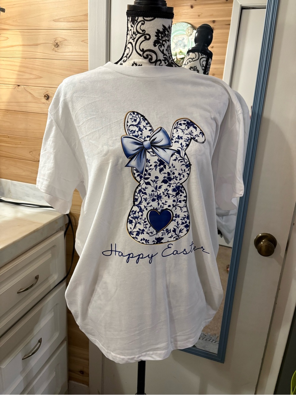 Happy Easter White Women’s Tee with Blue Bunny Graphic